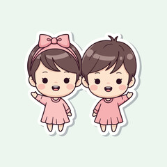 Cute Chibi Girls in Pink Dresses Waving Hello.