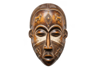 Traditional african carved wooden tribal mask isolated on transparent background