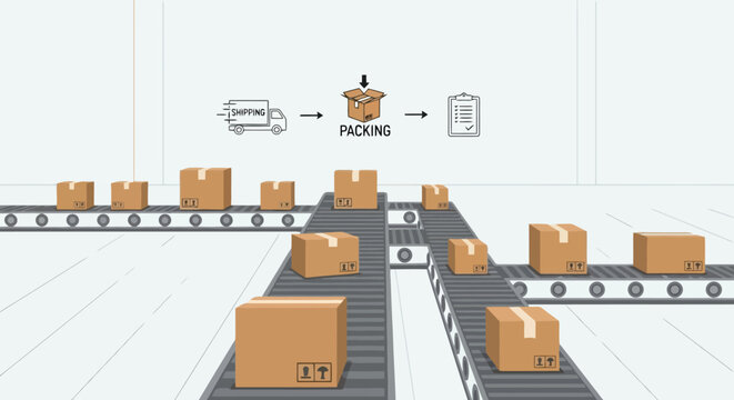 Efficient Warehouse Processing with Conveyor Belt and Packing Station