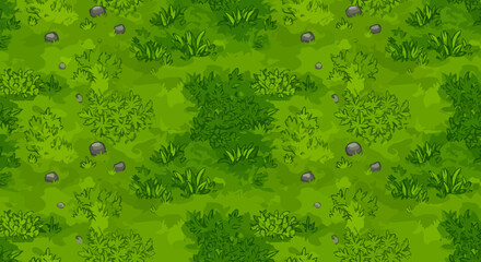 A vibrant seamless vector pattern showcasing a lush green grass field with diverse bushes and scattered rocks, ideal for game design or digital backgrounds.