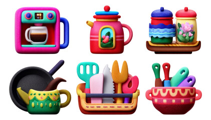 Colorful Cartoon Kitchen Items in Playful Style on Isolated Transparent Background