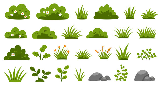 Collection of various green grass and bush illustrations with small flowers and plants, presented as vector graphics on a white background.