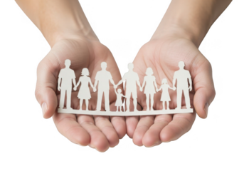 Cupped hands holding a paper cut-out family isolated on transparent background