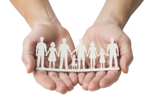 Cupped hands holding a paper cut-out family isolated on transparent background