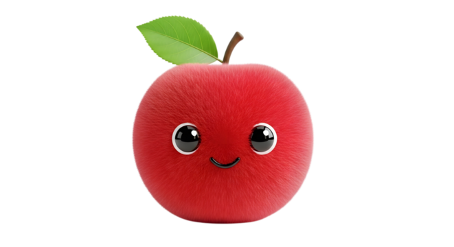 Cute fuzzy red apple character with big eyes and a happy smile on transparent background