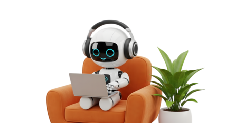 Cute robot wearing headphones and using a laptop while sitting in an armchair on a transparent background.