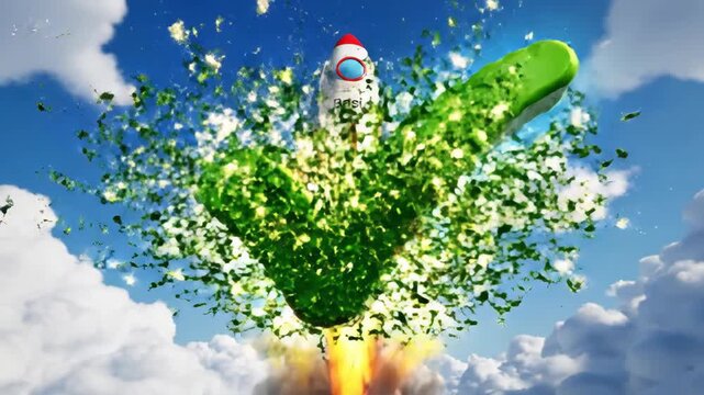 3D metaphor: 'Basic' plan rocket launches, bursts into green confetti and a 'Success' checkmark icon.