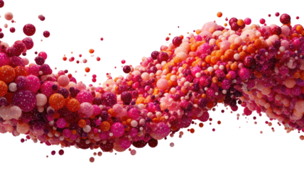 Abstract flow of small pink, red, & orange spheres against black