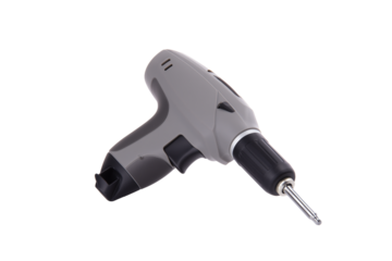 Cordless electric screwdriver with ergonomic gray body and metallic silver drill bit on transparent background