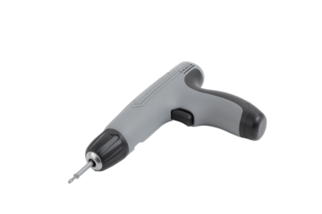 Cordless electric screwdriver with ergonomic design and flathead bit on transparent background