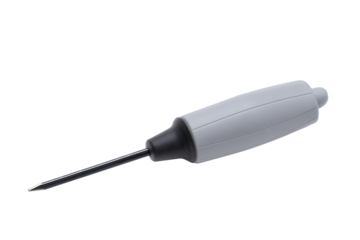 Precision screwdriver with gray handle and black rubber tip on transparent background