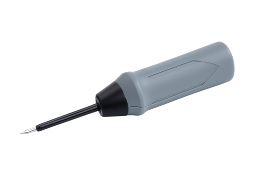 Precision handheld tool with ergonomic gray handle and metallic tip on transparent background