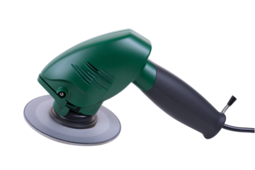 Sleek electric grinder with green and black color scheme on transparent background