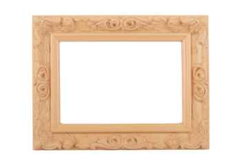Rectangular wooden picture frame with floral and leafy carvings on transparent background