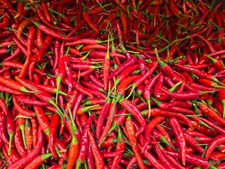 Fototapeta premium Full Frame Background of Fresh Red Chili Peppers Piled High at a Market