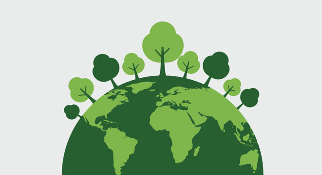 This eco-friendly vector illustration depicts a verdant planet Earth with a canopy of green trees, representing global sustainability and nature conservation.