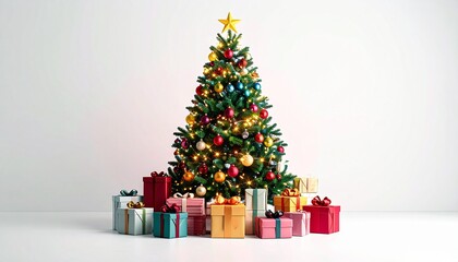 A fully decorated Christmas tree with warm string lights, several colorful gift boxes are arranged at its base.