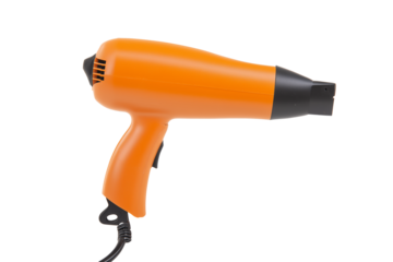 Sleek modern hair dryer with orange body and black accents on transparent background