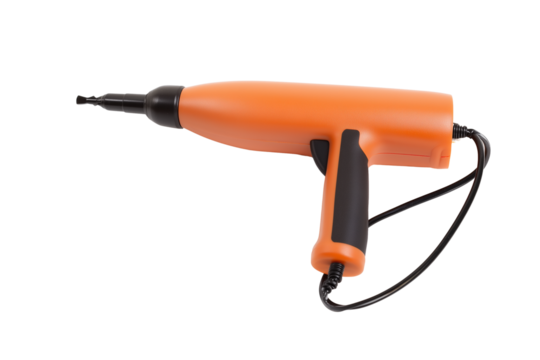 Handheld power tool with orange body and black accents on transparent background