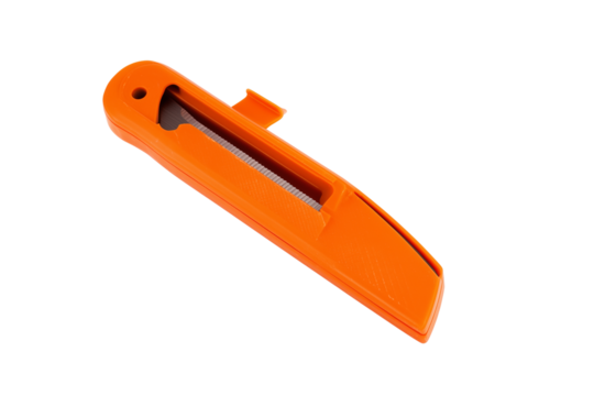Sleek orange utility knife with partially retracted blade on transparent background