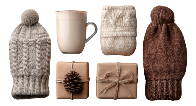 Cozy Winter Accessories and Gift Items Collection with Mug and Decorative Pieces