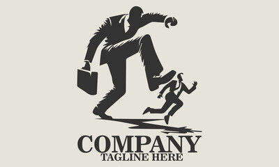 Vector illustration of a small businessman running away from a giant figure in a business suit about to step on him, metaphorical vector illustration of job pressure. Underdog day icon