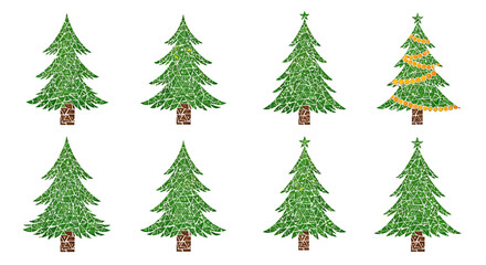 Collection of Eight Watercolor Christmas Tree Icons and Illustrations on White Background