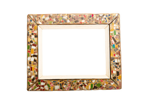 Decorative mosaic frame with multicolored tiles on transparent background