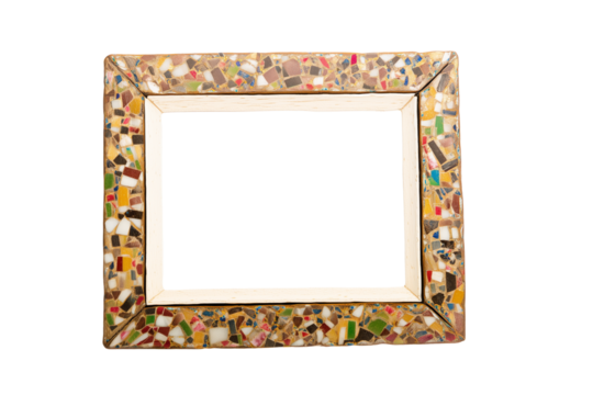 Decorative mosaic frame with multicolored tiles on transparent background