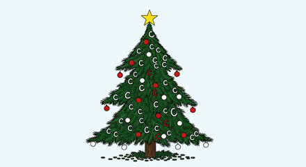 Simple Cartoon Illustration of a Decorated Christmas Tree with Star Topper and Ornaments