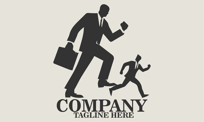 Vector illustration of a small businessman running away from a giant figure in a business suit about to step on him, metaphorical vector illustration of job pressure. Underdog day icon