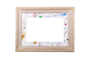 Gold-framed picture frame with abstract multicolored mat on transparent background