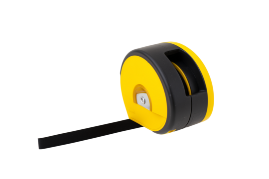 Yellow and black cylindrical measuring tool or tape dispenser with black tape extending from it on transparent background