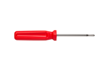 Precision screwdriver with red ergonomic handle and metallic shaft on transparent background