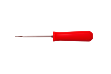 Sleek flathead screwdriver with red handle and polished metal shaft isolated on transparent background