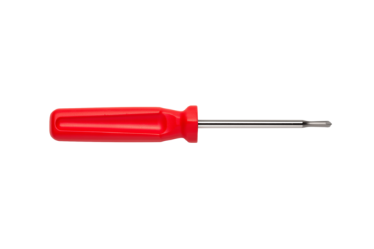 Precision screwdriver with red ergonomic handle and metallic shaft on transparent background