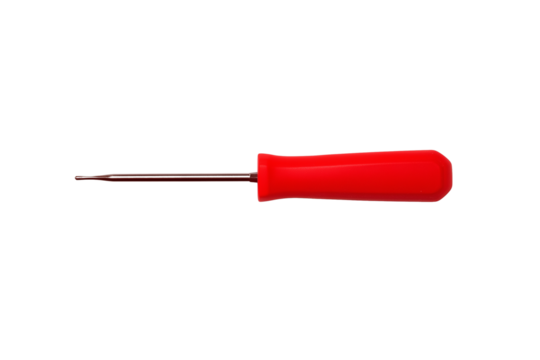 Sleek flathead screwdriver with red handle and polished metal shaft isolated on transparent background
