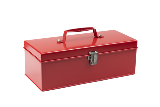 Sleek red metal toolbox with glossy finish on transparent background