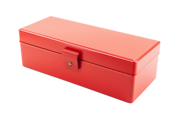 Sleek red metal box with glossy finish and latch mechanism on transparent background