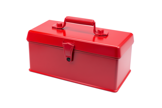 Red metal toolbox with reinforced handle and latch-secured lid on transparent background