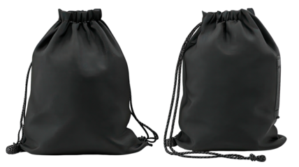 Two drawstring bags, black, fabric texture, closed at the top