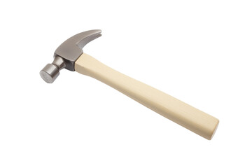 Close-up of a hammer with a wooden handle and metallic head on transparent background