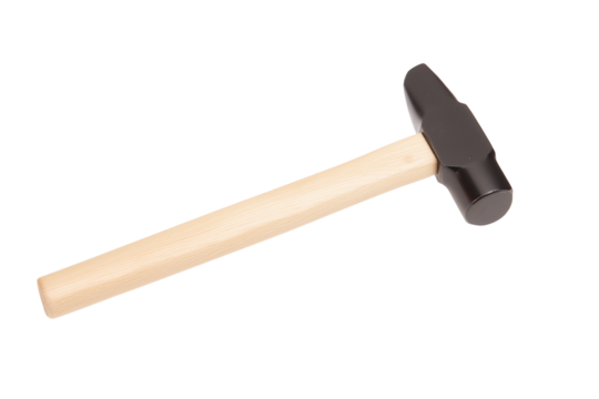 Single hammer with light wood handle and black metal head isolated on transparent background