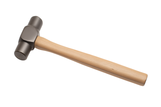 Single hammer with wooden handle and metallic head on transparent background