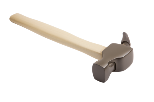 Close-up of a ball-peen hammer with wooden handle and bronze head on transparent background
