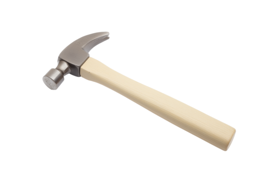 Close-up of a hammer with a wooden handle and metallic head on transparent background