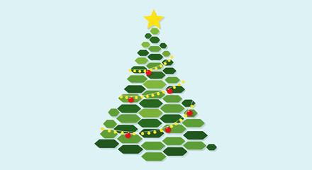 Modern Abstract Christmas Tree Icon Made of Green Hexagons with Minimalist Decorations
