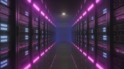 Modern server room with neon lighting for data storage and futuristic technology concepts - Powered by Adobe