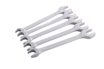 Six identical open-ended wrenches with light gray chrome-plated finish on transparent background