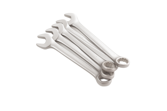 Five metallic wrenches in varying sizes arranged diagonally on transparent background